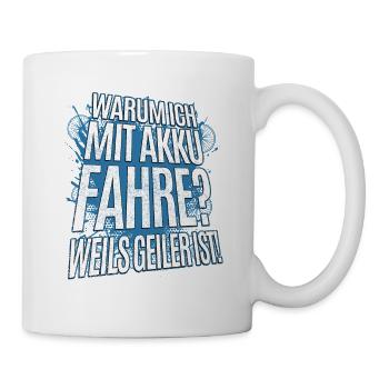 Warum ich mit Akku fahre? E-Bike Mountainbike - Tasse - Weiß - Rechts