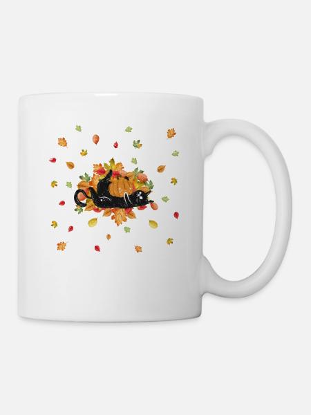 Niedliche schwarze Katze Herbstblätter Saison - Tasse - Weiß