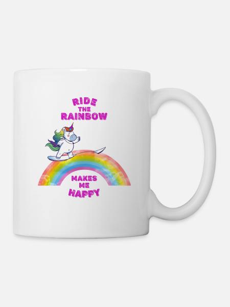 Einhorn surft auf einem Regenbogen. - Tasse - Weiß