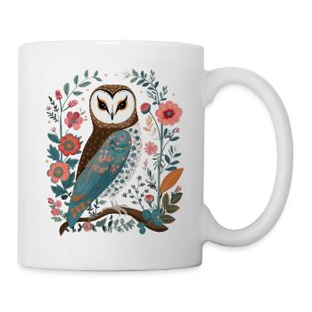 Niedliche Eule Vogel Federn Blumen Muster - Tasse - Weiß - Rechts