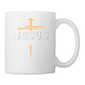 Jesus hat mein Leben verändert, 1 Kreuz 3 Nägel 4 gegeben - Tasse - Weiß - Rechts