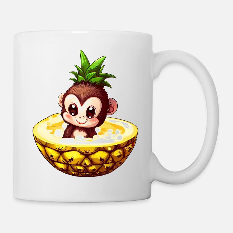 Affe Schimpanse mit Ananas, Lustiges Tropendesign - Tasse - Weiß