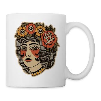 Old school tattoo Illustration Frau mit Blumen - Tasse - Weiß - Rechts