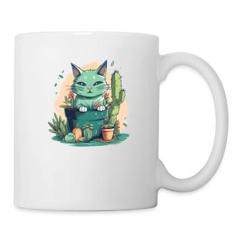 Green cat in flower pot with cactus and pumpkin - Mug - white - Right