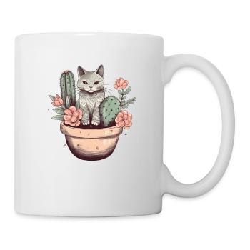 Chat en pot de fleurs avec cactus et fleurs - Mug blanc - blanc - Droite