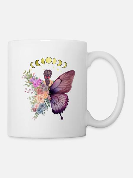 Femme et papillon, Fleurs, Changement, Belle - Mug blanc - blanc