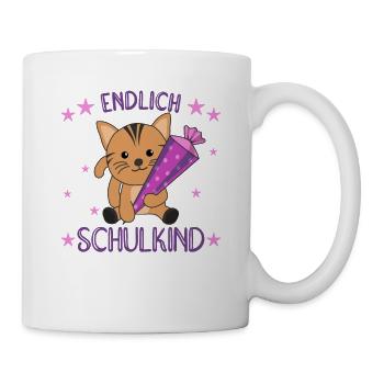 endlich Schulkind Einschulung Schule Katze - Tasse - Weiß - Rechts