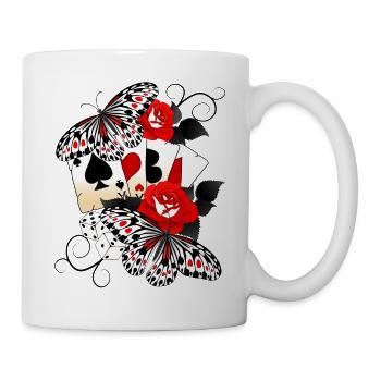 Kartenspiel mit Rosen und Schmetterlingen - Tasse - Weiß - Rechts