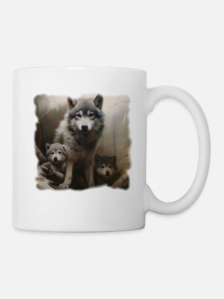 Wolfmother with two Cubs in the Forest - Tasse - Weiß