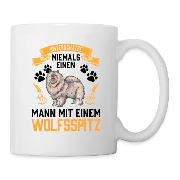 Mann mit Wolfsspitz Deutscher Keeshond - Tasse - Weiß - Rechts