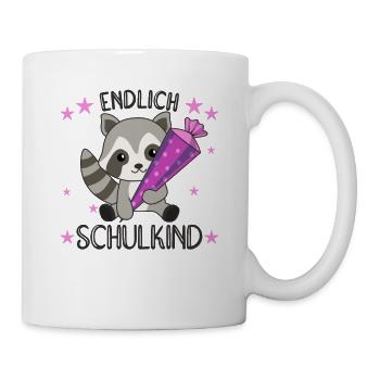 endlich Schulkind Einschulung Schule Waschbär - Tasse - Weiß - Rechts