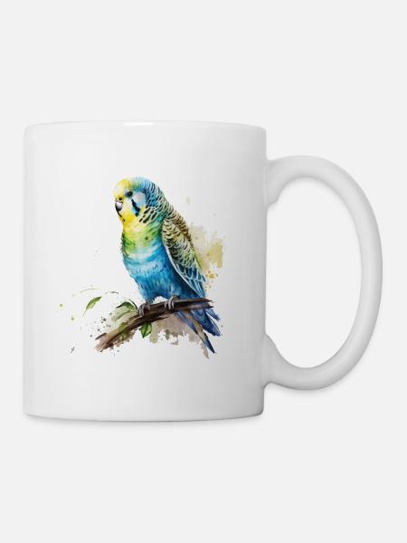 Wellensittich blau grün Zeichnung aquarell - Tasse - Weiß