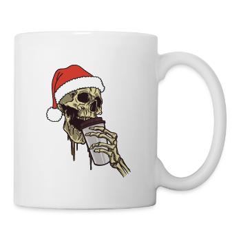 Skelett Weihnachtsmann Mütze Kaffeetrinken Lustig - Tasse - Weiß - Rechts