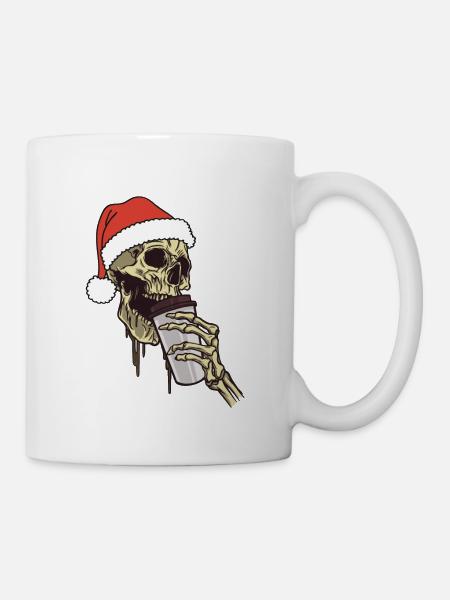 Skelett Weihnachtsmann Mütze Kaffeetrinken Lustig - Tasse - Weiß