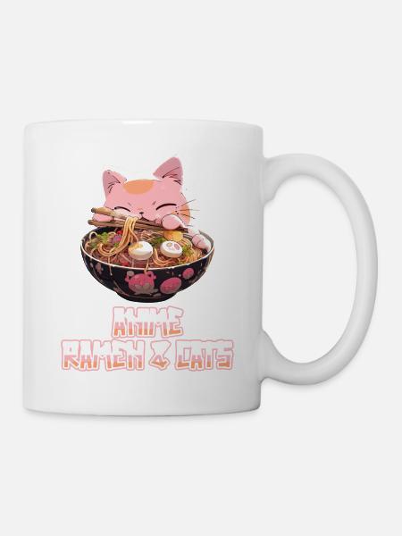 Anime Manga Kawaii Katze isst Ramen Nudeln - Tasse - Weiß