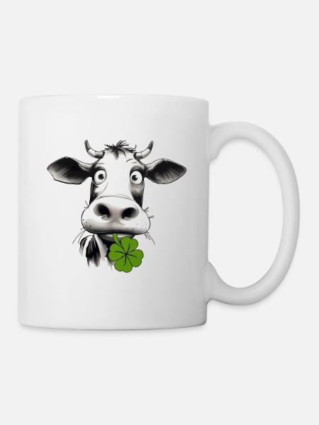 Lustige Kuh mit Kleeblatt bringt Glück und Spaß - Tasse - Weiß