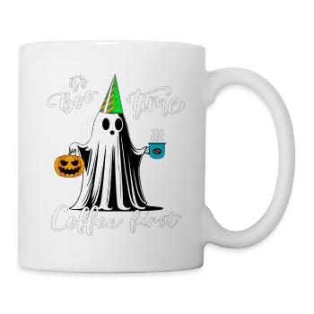 Ghost with coffee cup and pumpkin celebrating Halloween - Mug - white - Right