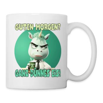 lustiges Einhorn mit Kaffee und Spruch - Tasse - Weiß - Rechts
