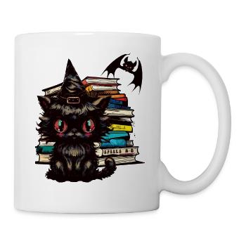 Katze mit Hexenhut, Zauberbüchern und Fledermaus - Tasse - Weiß - Rechts