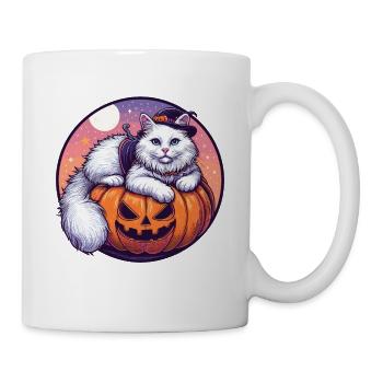 Chat blanc d’Halloween en sweat à capuche Laiyng sur citrouille - Mug blanc - blanc - Droite