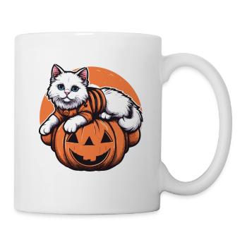 Chat blanc d’Halloween en sweat à capuche Laiyng sur citrouille - Mug blanc - blanc - Droite