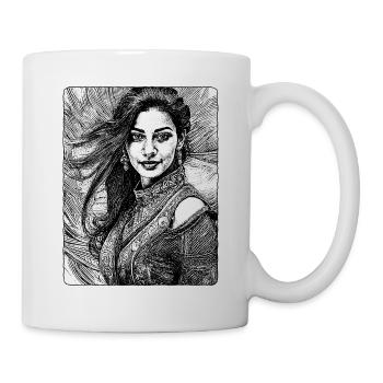 Einzigartiges Shirt: Stolze Frau im Lederoberteil - Tasse - Weiß - Rechts