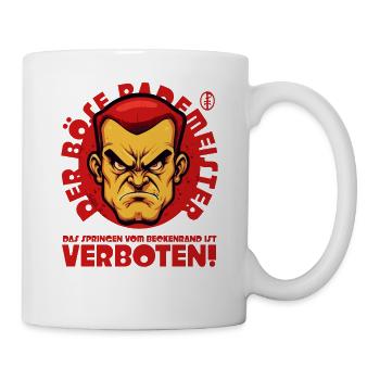 Der böse Bademeister: Springen Beckenrand verboten - Tasse - Weiß - Rechts