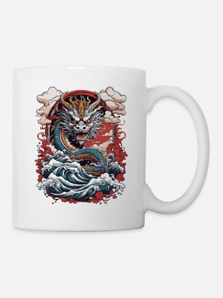 Asiatischer Drache Retro Ukiyo-E Japan Kunst Stil - Tasse - Weiß