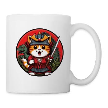 Samurai-Ninja-Katze und Dinosaurier-Monster dahinter - Tasse - Weiß - Rechts