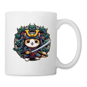 Samurai-Ninja-Katze und Monster dahinter - Tasse - Weiß - Rechts
