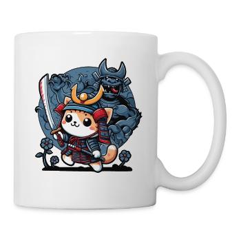 Samurai-Ninja-Katze und Monster dahinter - Tasse - Weiß - Rechts