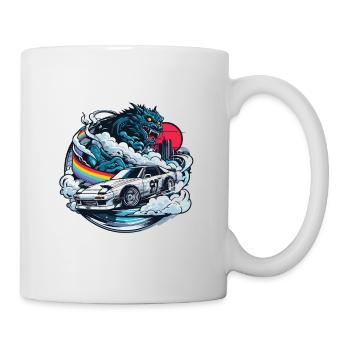 Auto im japanischen Stil hinter Monster und Regenbogen, JDM - Tasse - Weiß - Rechts