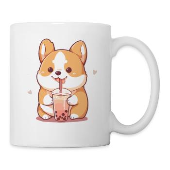 Kawaii Corgi Dog Drinks Boba Bubble Tea Chibi - Mug - white - Right