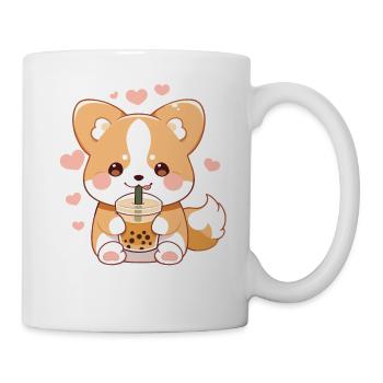 Kawaii Corgi Dog Drinks Boba Bubble Tea Chibi - Mug - white - Right
