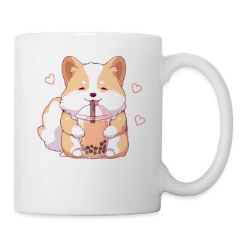 Kawaii Corgi Dog Drinks Boba Bubble Tea Chibi - Mug - white - Right