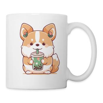 Kawaii Corgi Dog Drinks Boba Bubble Tea Chibi - Mug - white - Right