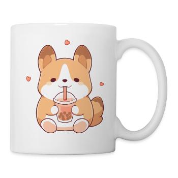 Kawaii Corgi Dog Drinks Boba Bubble Tea Chibi - Mug - white - Right