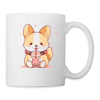 Kawaii Corgi Dog Drinks Boba Bubble Tea Chibi - Mug - white - Right