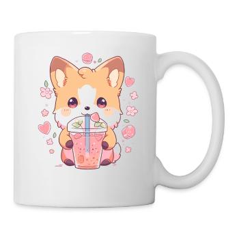 Kawaii Corgi Dog Drinks Boba Bubble Tea Chibi - Mug - white - Right