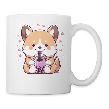 Kawaii Corgi Dog Drinks Boba Bubble Tea Chibi - Mug - white - Right