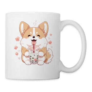 Kawaii Corgi Dog Drinks Boba Bubble Tea Chibi - Mug - white - Right
