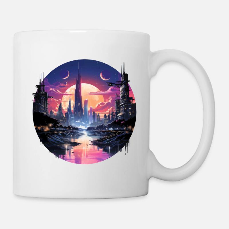 Futuristisches Cyberpunk Stadtbild, Synthwave Stil - Tasse - Weiß