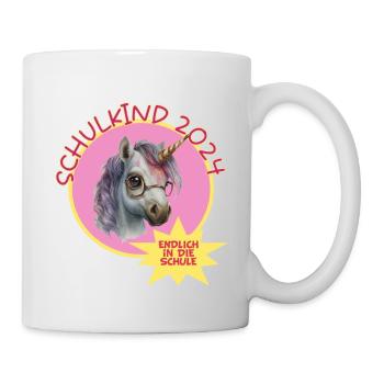 Schulkind 2024 endlich Schule Einhorn mit Brille - Tasse - Weiß - Rechts