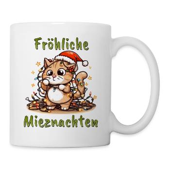 Kätzchen verstrickt in Weihnachtslichtern: Frohlic - Tasse - Weiß - Rechts