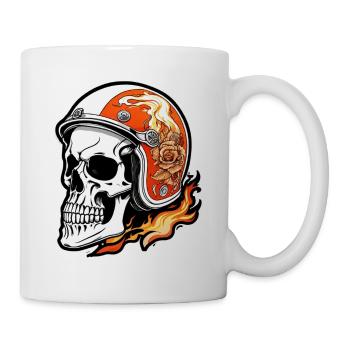 Motorrad im Retro-Stil - Totenkopf und Skelett - Tasse - Weiß - Rechts