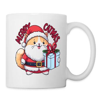 Fat cat as Santa Claus with present Merry Catmas - Mug - white - Right