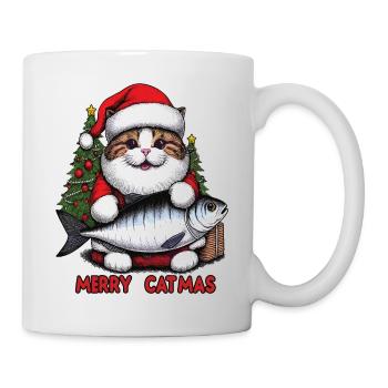 Fat cat as Santa Claus with tuna, Merry Catmas - Mug - white - Right