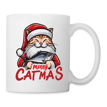 Fat cat as Santa Claus with tuna, Merry Catmas - Mug - white - Right