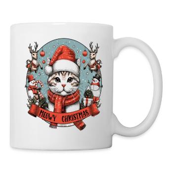 Cat as Santa Claus with present Meowy Christmas - Mug - white - Right