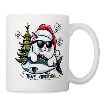 Fat cat with sunglasses and tuna as Santa Claus - Mug - white - Right